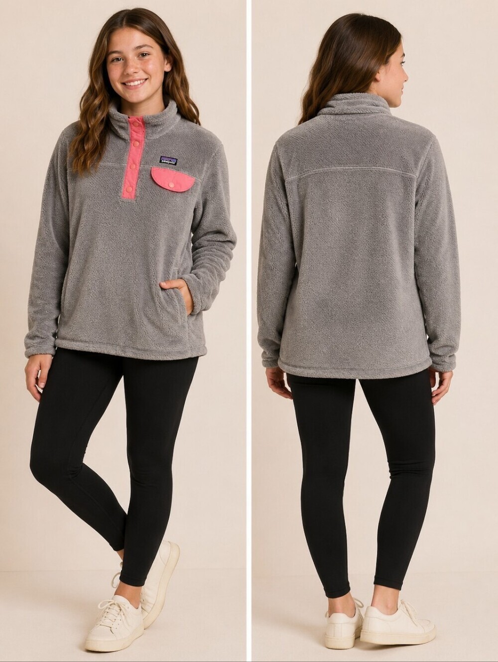 Patagonia Re-Tool Fleece Pullover Jacket Snap Buttons Girl's Size XL (14) Grey